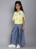 Little Angels Little Angels Girls Cotton 2 Piece Set - Round Neck, Butterfly Sleeves, Applique Flowers Design Top and Striped Pants For 7 to 8 Years (Yellow) Party Wear Round Neck Butterfly Sleeves Applique Flowers Design Top and Striped Pants