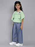 Little Angels Little Angels Girls Cotton 2 Piece Set - Round Neck, Butterfly Sleeves, Applique Flowers Design Top and Striped Pants For 7 to 8 Years (Green) Party Wear Round Neck Butterfly Sleeves Applique Flowers Design Top and Striped Pants