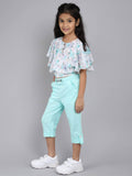 Little Angels Little Angels Girls Cotton Top and Capri Set Round Neck Butterfly Sleeves Floral Light Green 2 Piece Set Party Wear Round Neck Butterfly Sleeves Floral Top and Capri Set