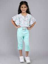 Little Angels Little Angels Girls Cotton Top and Capri Set Round Neck Butterfly Sleeves Floral Light Green 2 Piece Set Party Wear Round Neck Butterfly Sleeves Floral Top and Capri Set