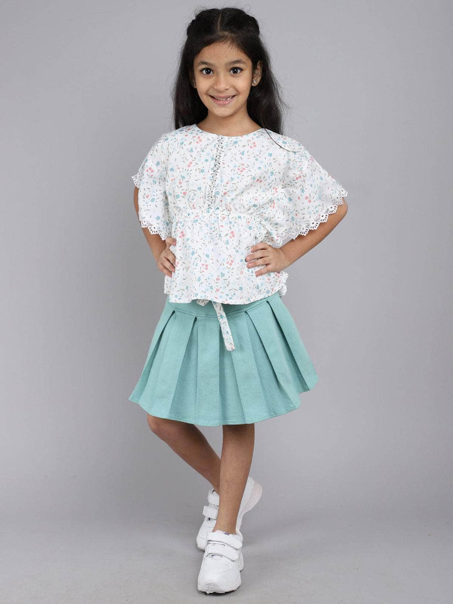 Little Angels Little Angels Girls Cotton Top and Skirt Set Round Neck Butterfly Sleeves Floral Green 2 Piece Set Party Wear Round Neck Butterfly Sleeves Floral Top and Skirt Set
