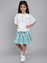 Little Angels Little Angels Girls Cotton Top and Skirt Set Round Neck Butterfly Sleeves Floral Green 2 Piece Set Party Wear Round Neck Butterfly Sleeves Floral Top and Skirt Set