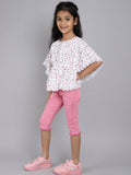 Little Angels Little Angels Girls Cotton Top and Capri Set Round Neck Butterfly Sleeves Printed Pink 2 Piece Set Party Wear Round Neck Butterfly Sleeves Printed Top and Capri Set