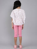 Little Angels Little Angels Girls Cotton Top and Capri Set Round Neck Butterfly Sleeves Printed Pink 2 Piece Set Party Wear Round Neck Butterfly Sleeves Printed Top and Capri Set