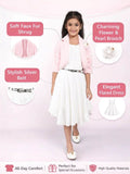 Little Angels Girls White Dress with Pink Shrug & Belt | Elegant Outfit Party Wear White Flared Dress with Soft Pink Shrug & Belt