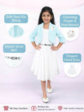 Little Angels Girls White Dress with Aqua Shrug & Belt | Elegant Outfit Party Wear White Flared Dress with Soft Shrug & Belt