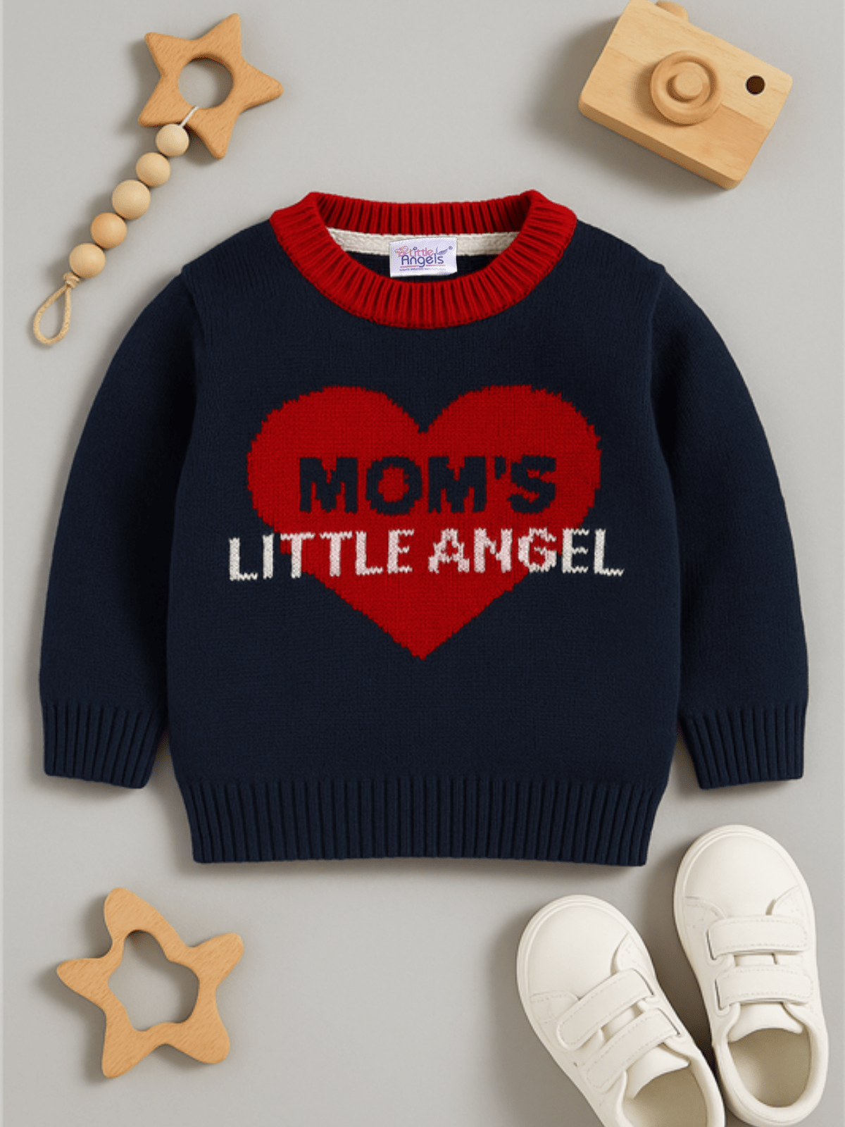 Little Angels Little Angels Baby Wool Round Neck Full Sleeves Jacquard Heart Pullover Sweater For Baby Boys Pullover Cozy Mom's Little Angel Knitted Pullover 3-6M / Navy / Baby Wool