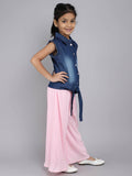 Little Angels Girls Denim Tie-Up Shirt & Pink Pleated Palazzo Set | Trendy Kids Wear Pullover Girls Denim Tie-Up Shirt with Pink Palazzo Pants | Stylish Co-Ord Set