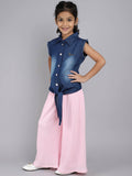 Little Angels Girls Denim Tie-Up Shirt & Pink Pleated Palazzo Set | Trendy Kids Wear Pullover Girls Denim Tie-Up Shirt with Pink Palazzo Pants | Stylish Co-Ord Set