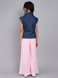 Little Angels Girls Denim Tie-Up Shirt & Pink Pleated Palazzo Set | Trendy Kids Wear Pullover Girls Denim Tie-Up Shirt with Pink Palazzo Pants | Stylish Co-Ord Set