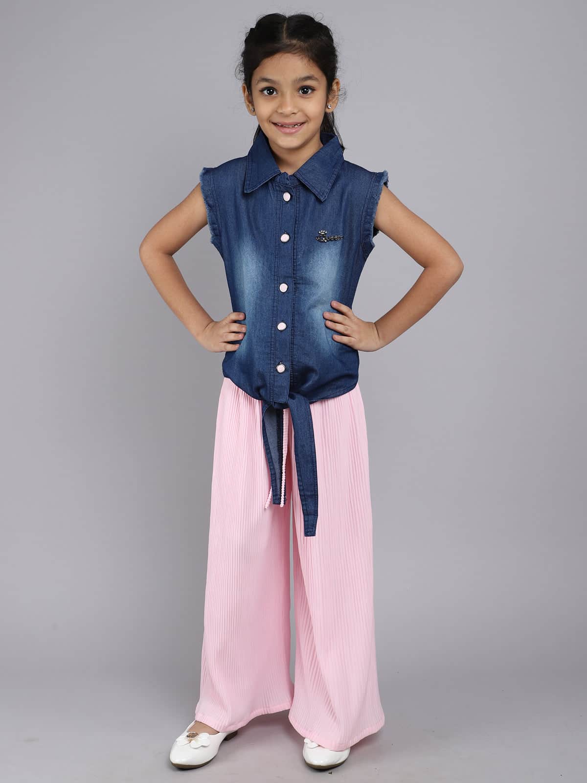 Little Angels Girls Denim Tie-Up Shirt & Pink Pleated Palazzo Set | Trendy Kids Wear Pullover Girls Denim Tie-Up Shirt with Pink Palazzo Pants | Stylish Co-Ord Set 7-8 years
