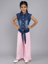 Little Angels Girls Denim Tie-Up Shirt & Pink Pleated Palazzo Set | Trendy Kids Wear Pullover Girls Denim Tie-Up Shirt with Pink Palazzo Pants | Stylish Co-Ord Set 7-8 years