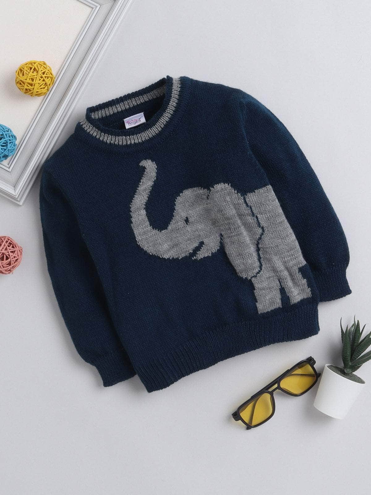 Little Angels Little Angels Baby Wool Round Neck Full Sleeves Jacquard Elephant Pullover Sweater For Baby Boys Pullover Little Jumbo Joy Pullover 1-2Y / Navy / Baby Wool