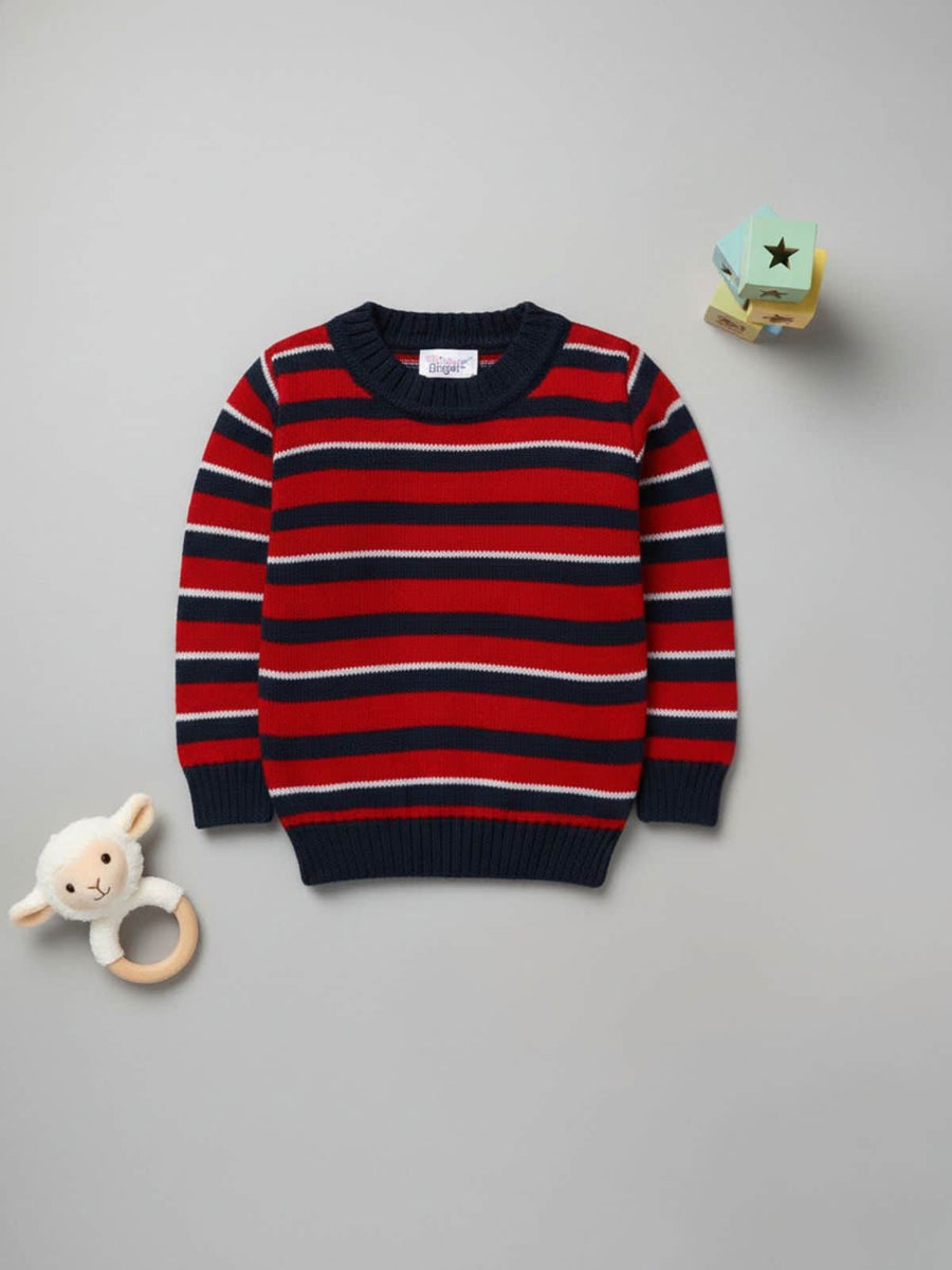 Little Angels Little Angels Baby Wool Round Neck Full Sleeves Striped Pullover Sweater for Baby Boys Pullover Rainbow Snuggles, One Stitch Away Pullover 6-12 M / Navy / Soft Wool
