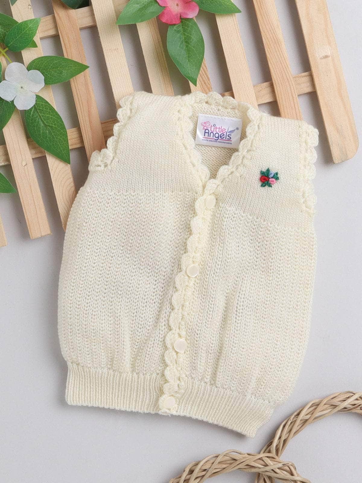 Little Angels Little Angels Baby Wool V-Neck Embroidered Sleeveless Cardigan For Baby Boys and Girls Sleeveless/vests Button Bloom Cozy Cardigan 0-3M / Cream / Baby Wool