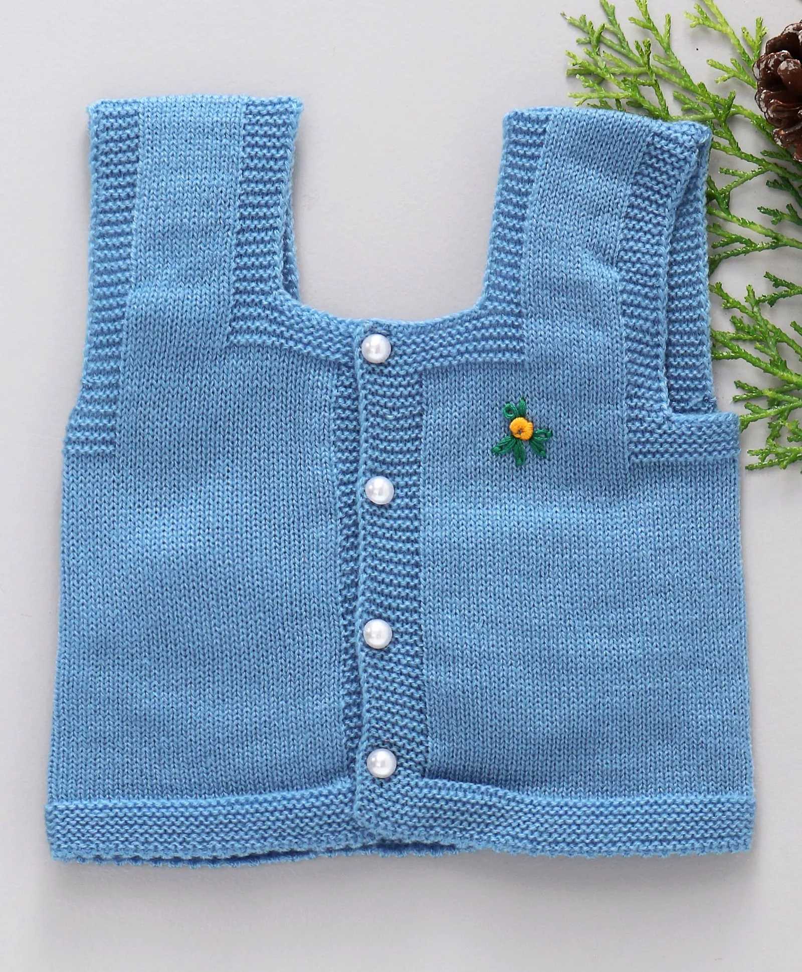 Little Angels Little Angels Baby Wool Square Neck Embroidered Sleeveless Cardigan For Baby Boys Sleeveless/vests Little Buds Winter Knit Charm Vest 0-6M / Blue / Baby Wool