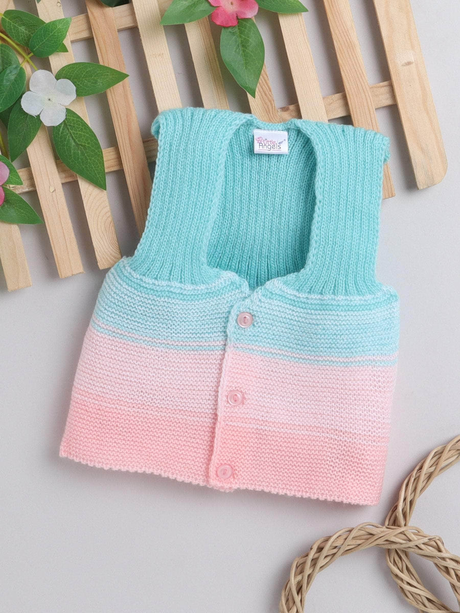 Green colour-block woollen sleeveless vest for newborn 0-3 months by Little Angels