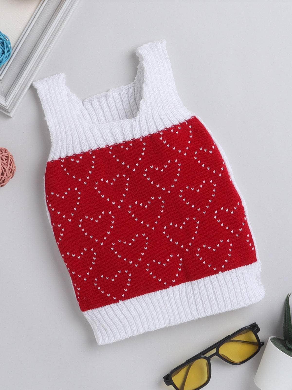 Little Angels Little Angels Baby Wool Square Neck Heart Sleeveless Pullover For Baby Boys and Girls Sleeveless/vests Tiny Lovebug Knit Vest 0-3M / White & Red / Baby Wool
