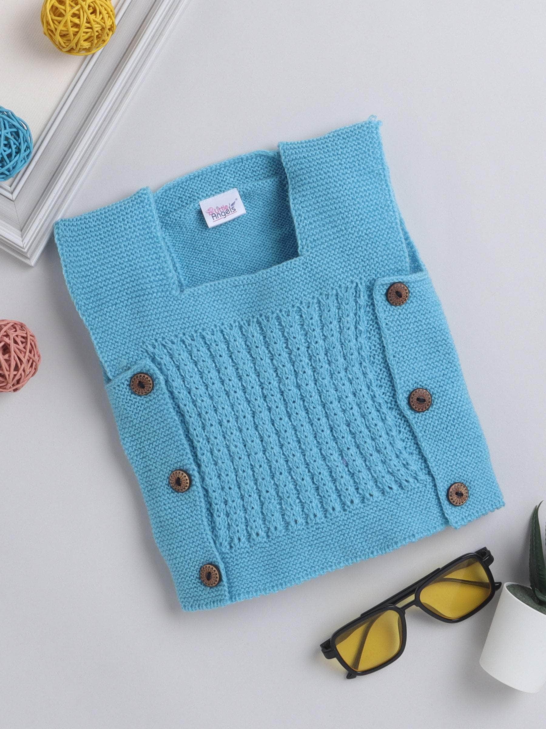 Little Angels Little Angels Baby Wool Square Neck Lace Rib Sleeveless Cardigan For Baby Boys Sleeveless/vests Warm Whispers Buttoned Baby Vest 0-3M / Blue / Baby Wool