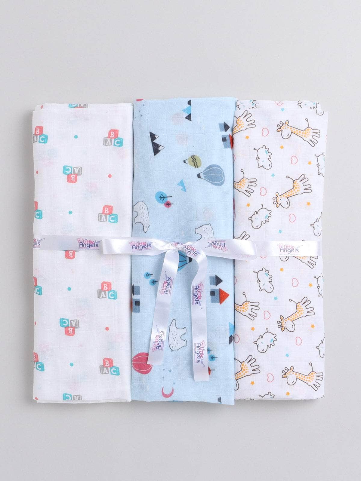 Little Angels Little Angels Muslin Cotton Pack of 3 Printed Swaddle Swaddles Wiggle & Wrap Muslin Swaddle One Size / Muslin / Assorted