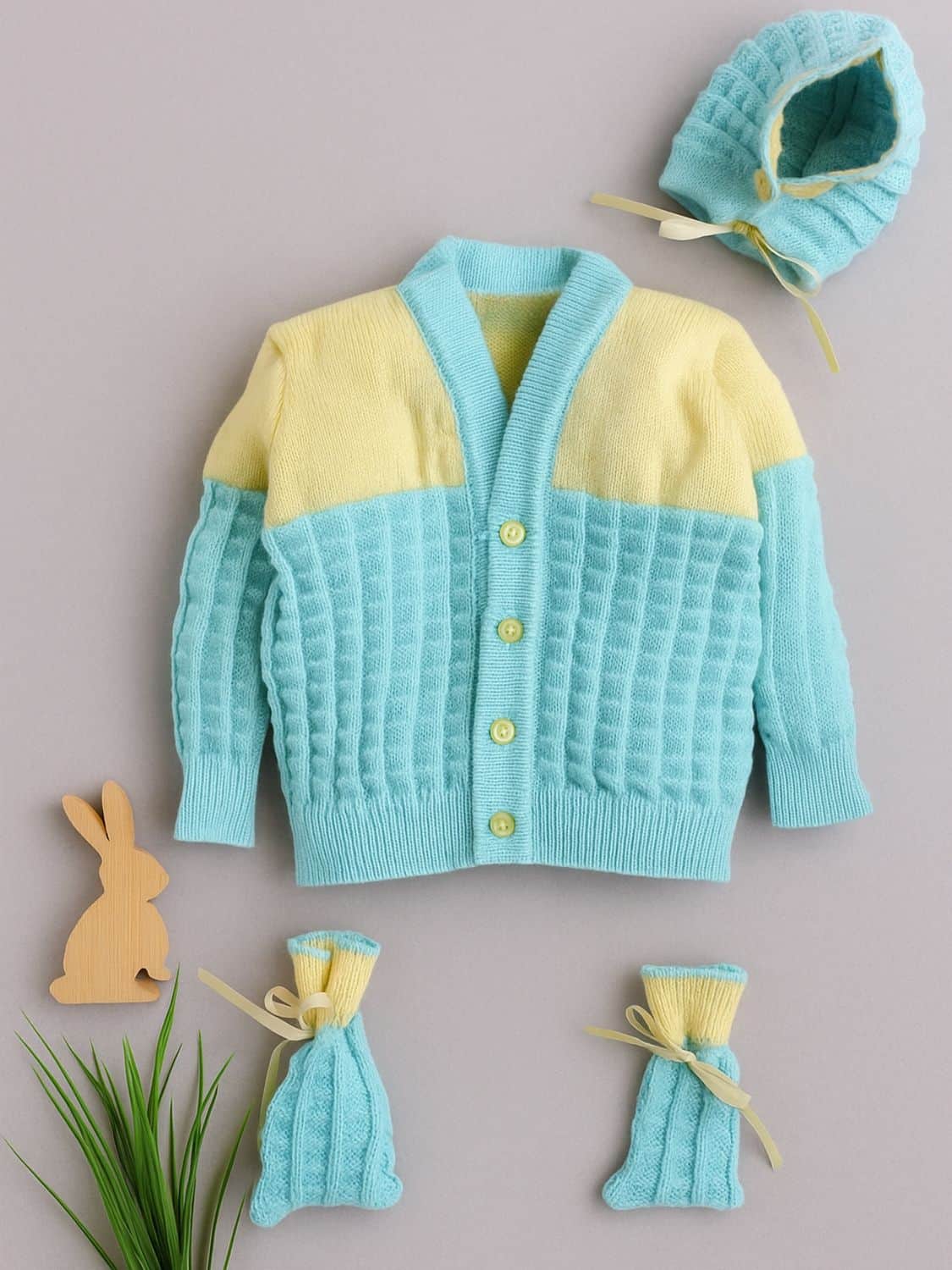 Little Angels Baby Knit Sweater Set with Cap & Booties | Soft Winter Wear for Newborns Sweater Sets Baby Knit Sweater Set with Cap & Socks– Aqua & Yellow 6-12 M / Blue & Yellow / Baby Wool