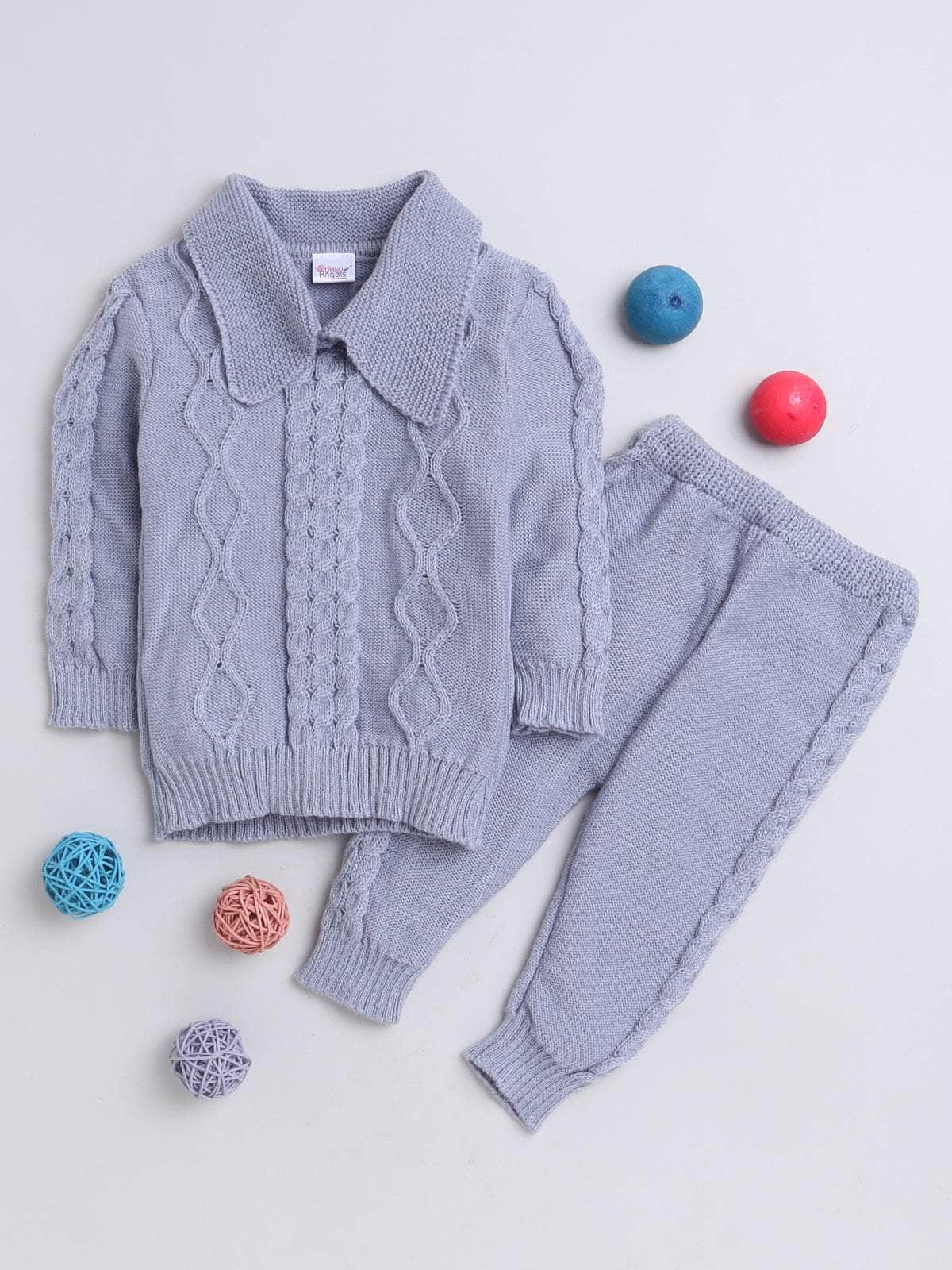 Little Angels 2 Pcs Sweater Set Cable Knit Collared Neck Baby Wool Grey Pullover and Pants For Baby Boys Sweater Sets Bundle & Stroll Cable Set 6-12 M / Grey / Baby Wool