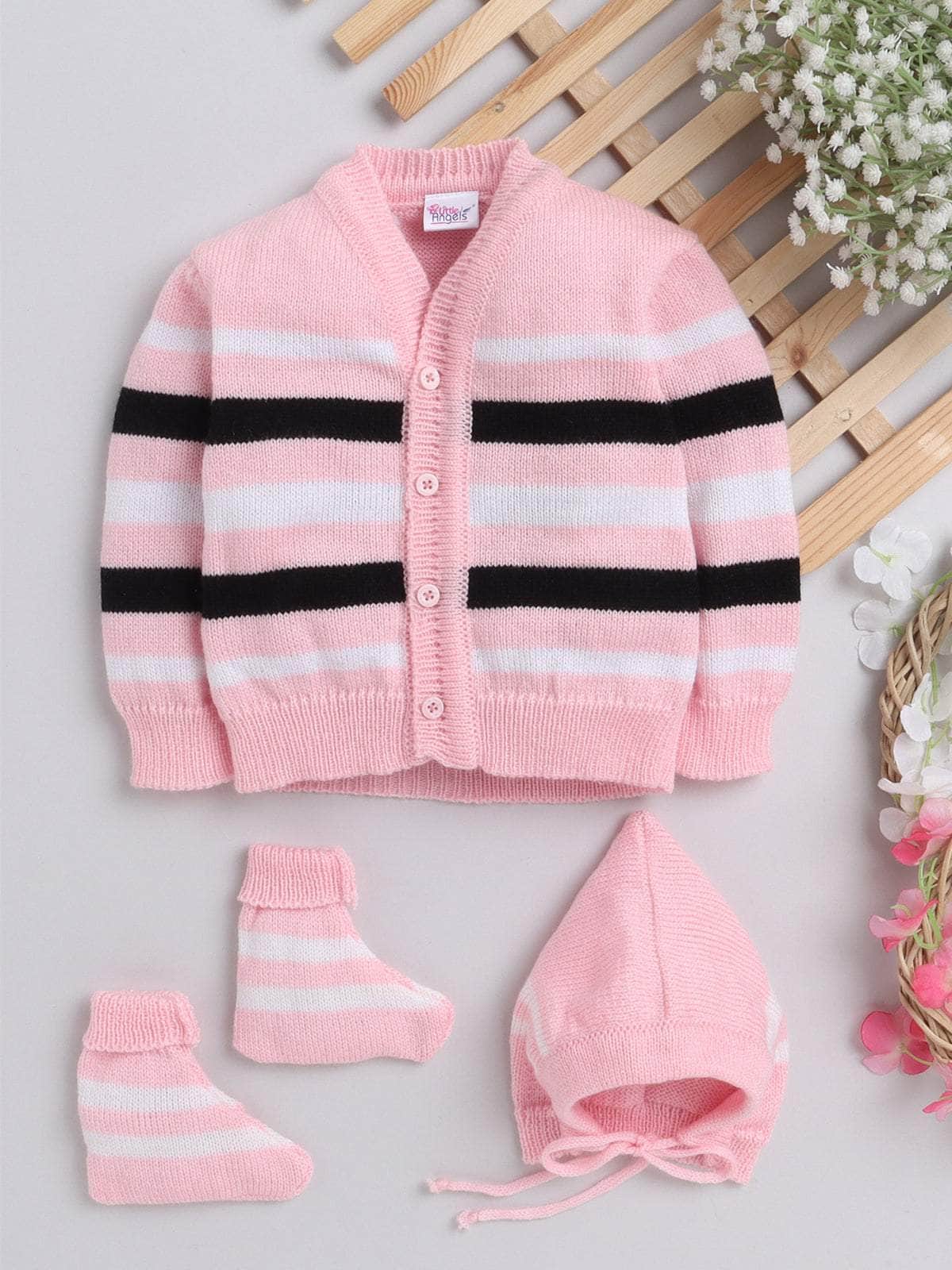 Little Angels Little Angels Sweater Set Baby Wool Full Sleeves V-Neck Striped Pink 3-Piece Set Sweater Sets Candy Stripes Baby Knit Set 0-3M / Pink / Baby Wool