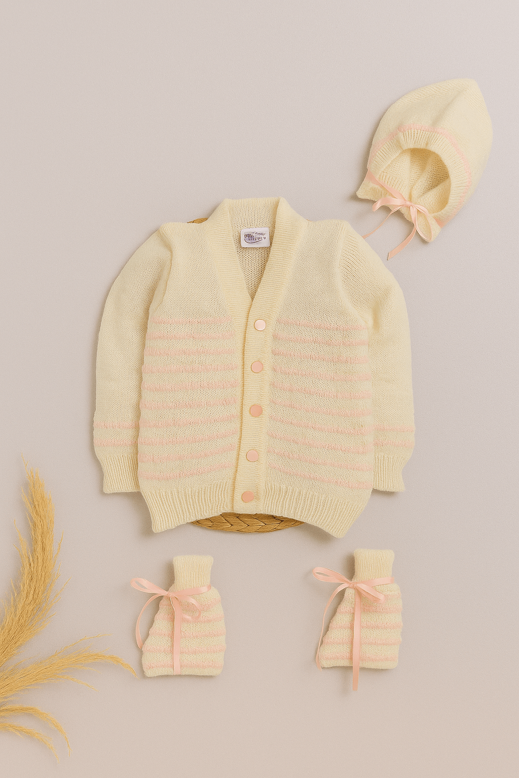 Little Angels Little Angels Sweater Set Baby Wool Full Sleeves V-Neck Striped in a Pearl Pattern Wine 3-Piece Set Sweater Sets Celestial Dot Knit Baby Outfit 6-12M / Pink / Baby Wool