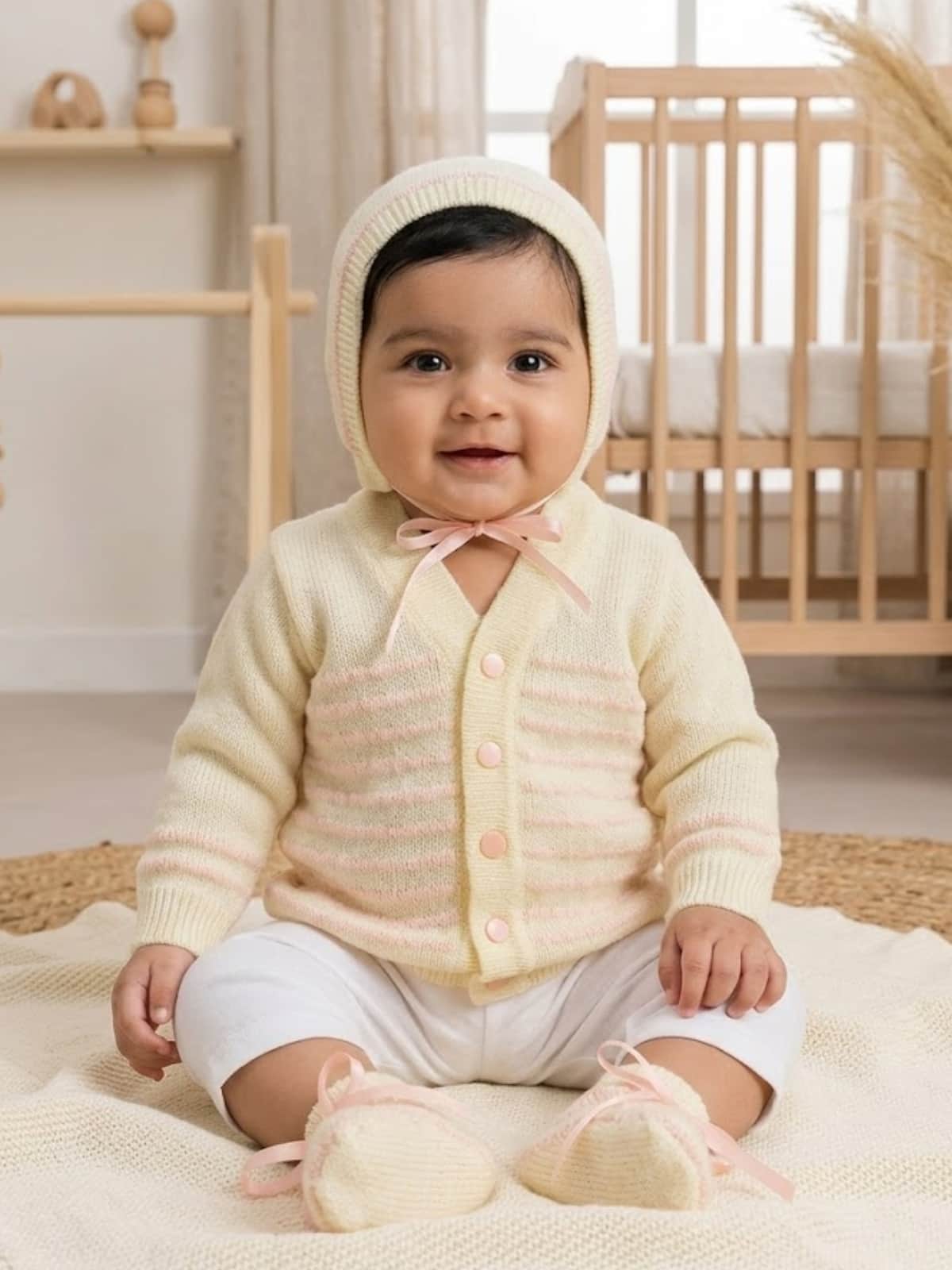 Little Angels Little Angels Sweater Set Baby Wool Full Sleeves V-Neck Striped in a Pearl Pattern Wine 3-Piece Set Sweater Sets Celestial Dot Knit Baby Outfit 6-12M / Pink / Baby Wool