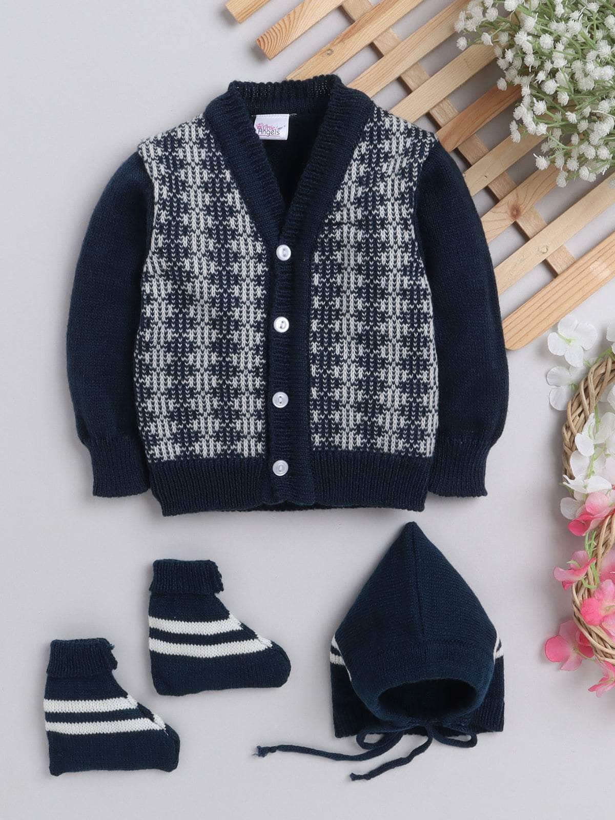 Little Angels Little Angels Sweater Set Baby Wool Full Sleeves V-Neck Textured Navy 3-Piece Set Sweater Sets Checkmate Cozy Knitwear Trio 0-3M / Navy / Baby Wool