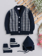 Little Angels Little Angels Sweater Set Baby Wool Full Sleeves V-Neck Textured Navy 3-Piece Set Sweater Sets Checkmate Cozy Knitwear Trio 0-3M / Navy / Baby Wool