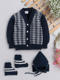 Little Angels Little Angels Sweater Set Baby Wool Full Sleeves V-Neck Textured Navy 3-Piece Set Sweater Sets Checkmate Cozy Knitwear Trio 0-3M / Navy / Baby Wool