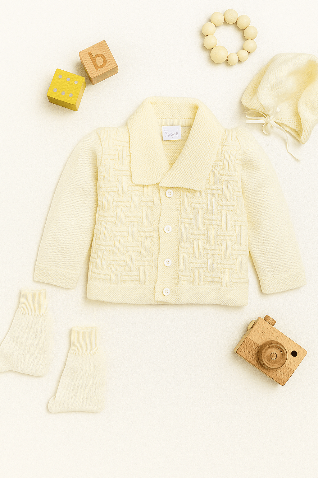 Little Angels Little Angels V-Neck Full Sleeves Full Sleeves Basketweave Cardigan, Tie-Knot Cap and Socks Sweater Sets Classic Ivory Baby Knitwear Ensemble 0-3M / cream / Baby Wool