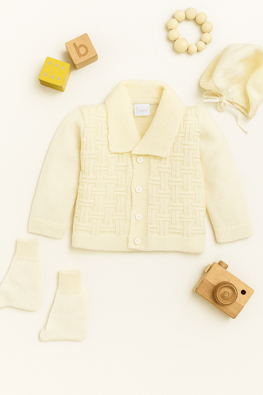 Cream basketweave knit 3-piece baby wool sweater set for newborn 0-12 months by Little Angels