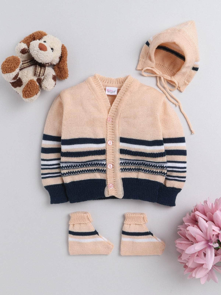 Peach striped 3-piece baby wool sweater set for newborn 0-12 months by Little Angels