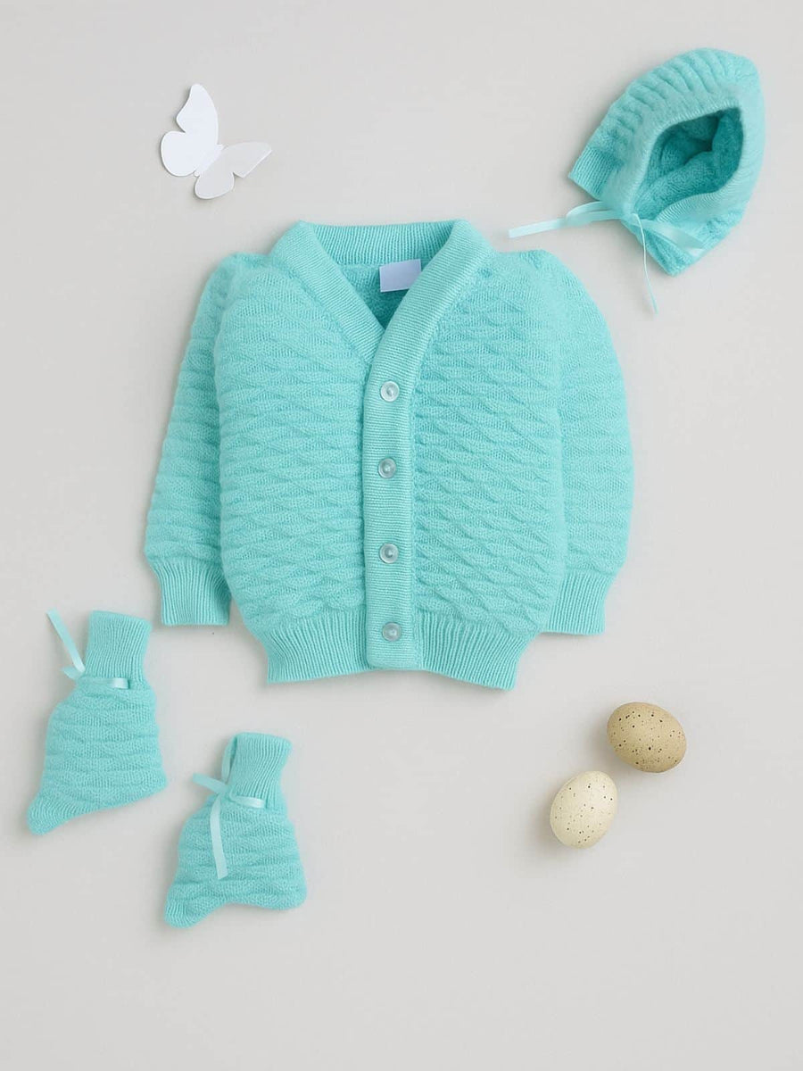Green textured knit 3-piece baby wool sweater set for baby 6-12 months by Little Angels