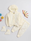 Little Angels Little Angels Sweater Set Baby Wool Full Sleeves Hooded Neck Textured Cream 3-Piece Set Sweater Sets Creamy Cuddles Winter Baby Set 0-3M / Cream / Baby Wool