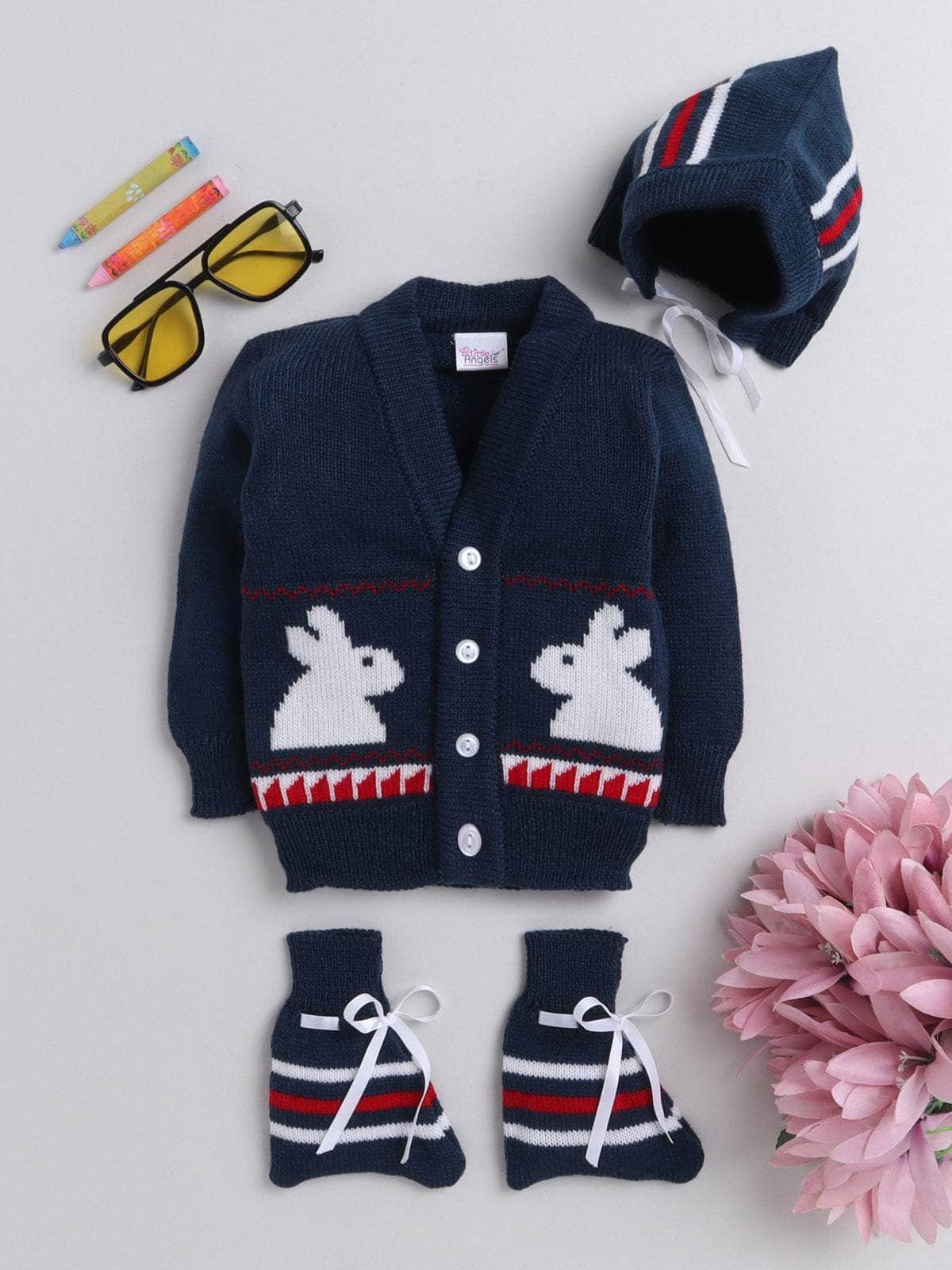 Little Angels Little Angels Sweater Set Baby Wool Full Sleeves V-Neck Jacquard Rabbit Design Navy 3-Piece Set Sweater Sets Cuddle Bunny Sweater Set 0-3M / Navy / Baby Wool