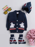 Little Angels Little Angels Sweater Set Baby Wool Full Sleeves V-Neck Jacquard Rabbit Design Navy 3-Piece Set Sweater Sets Cuddle Bunny Sweater Set 0-3M / Navy / Baby Wool