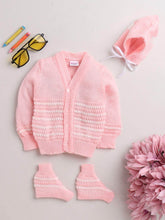 Little Angels Little Angels Sweater Set Baby Wool Full Sleeves V-Neck Striped in a Pearl Pattern Pink 3-Piece Set Sweater Sets Delicate Pearl-Knit Baby Set Pink / Baby Wool / 0-3 M