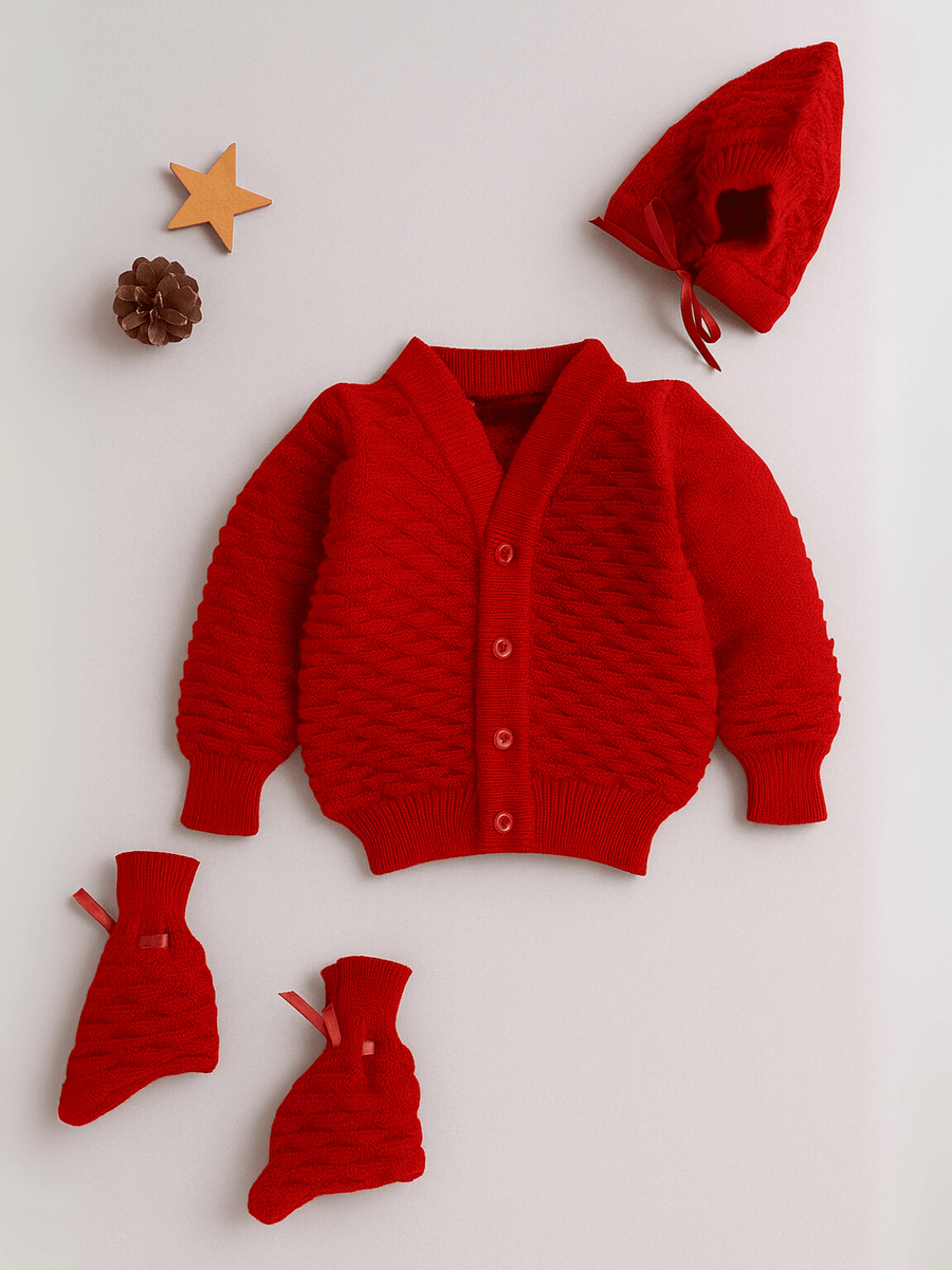 Little Angels Little Angels Sweater Set Baby Wool Full Sleeves V-Neck Solid with Pyramid Design Red 3-Piece Set Sweater Sets Diamond Buds Baby Knitwear Set