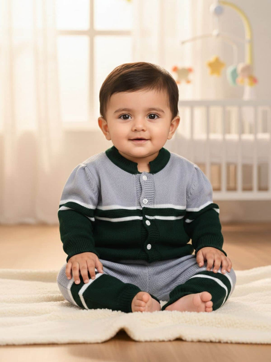Grey striped 3-piece baby wool sweater set for newborn 0-12 months by Little Angels