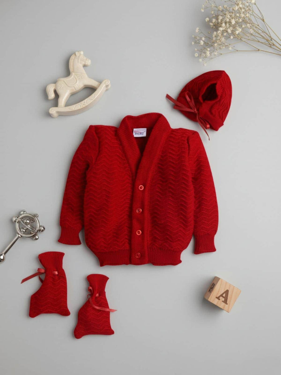 Red 3-piece baby wool sweater set for newborn 0-12 months by Little Angels