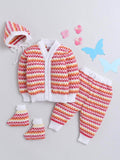 Little Angels Little Angels V-Neck Full Sleeves Striped White & Orange Cardigan, Pants, Cap & Socks Sweater Sets Frosty Fun Knit Set 0-3M / White & Orange / Baby Wool