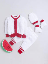 Little Angels Little Angels Round Neck Full Sleeves Textured White & Red Cardigan, Pants, Cap & Socks Sweater Sets Holiday Heartbeats sweater set 0-3M / White & Red / Baby Wool