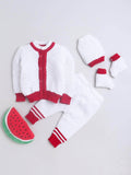 Little Angels Little Angels Round Neck Full Sleeves Textured White & Red Cardigan, Pants, Cap & Socks Sweater Sets Holiday Heartbeats sweater set 0-3M / White & Red / Baby Wool