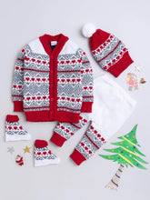 Little Angels Little Angels V-Neck Full Sleeves Fair Isle Red & White Cardigan, Pants, Cap & Socks Sweater Sets Jolly Hearts Winter Knit Set