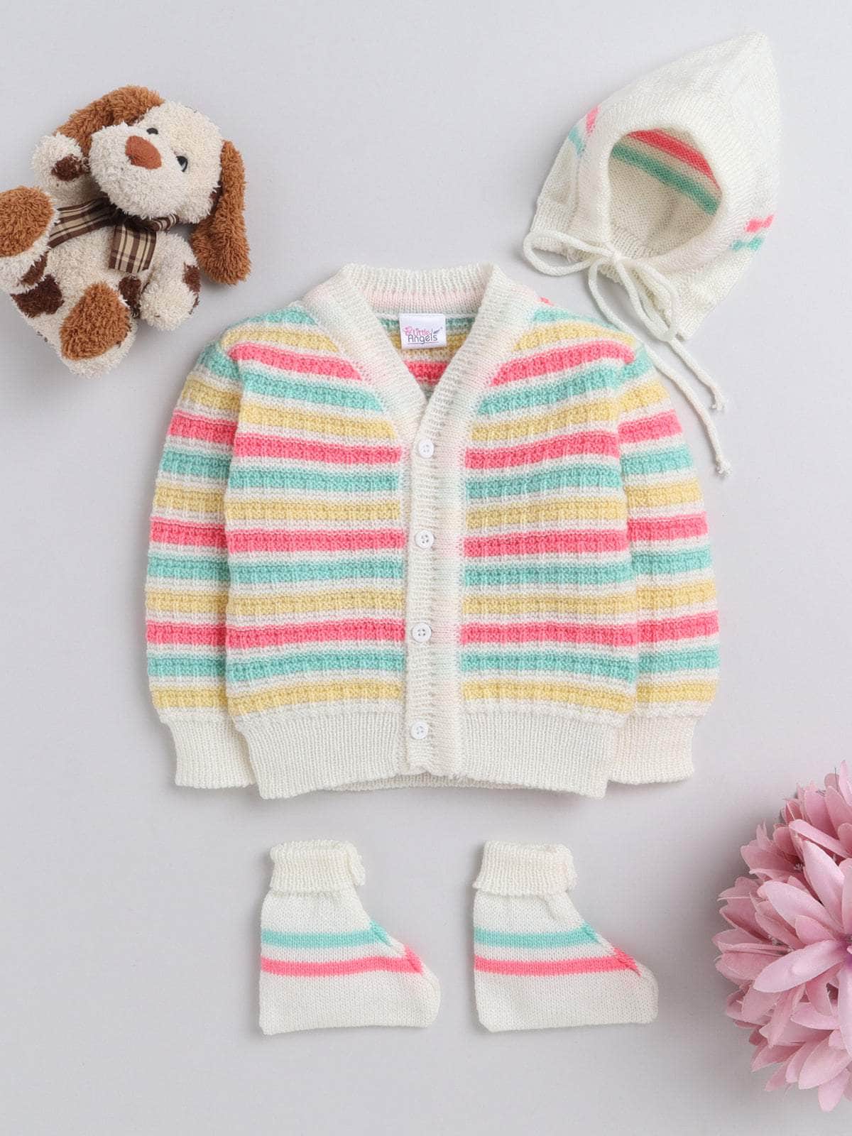 Little Angels Little Angels Sweater Set Baby Wool Full Sleeves V-Neck Striped Cream 3-Piece Set Sweater Sets Lil Firecracker Winter Wear Set 0-3M / Cream / Baby Wool