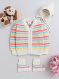 Little Angels Little Angels Sweater Set Baby Wool Full Sleeves V-Neck Striped Cream 3-Piece Set Sweater Sets Lil Firecracker Winter Wear Set 0-3M / Cream / Baby Wool