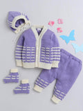 Little Angels Little Angels V-Neck Full Sleeves Striped Cream & Violet Cardigan, Pants, Cap & Socks Sweater Sets Little Bloom Knitwear Set 0-3M / Cream & Violet / Baby Wool